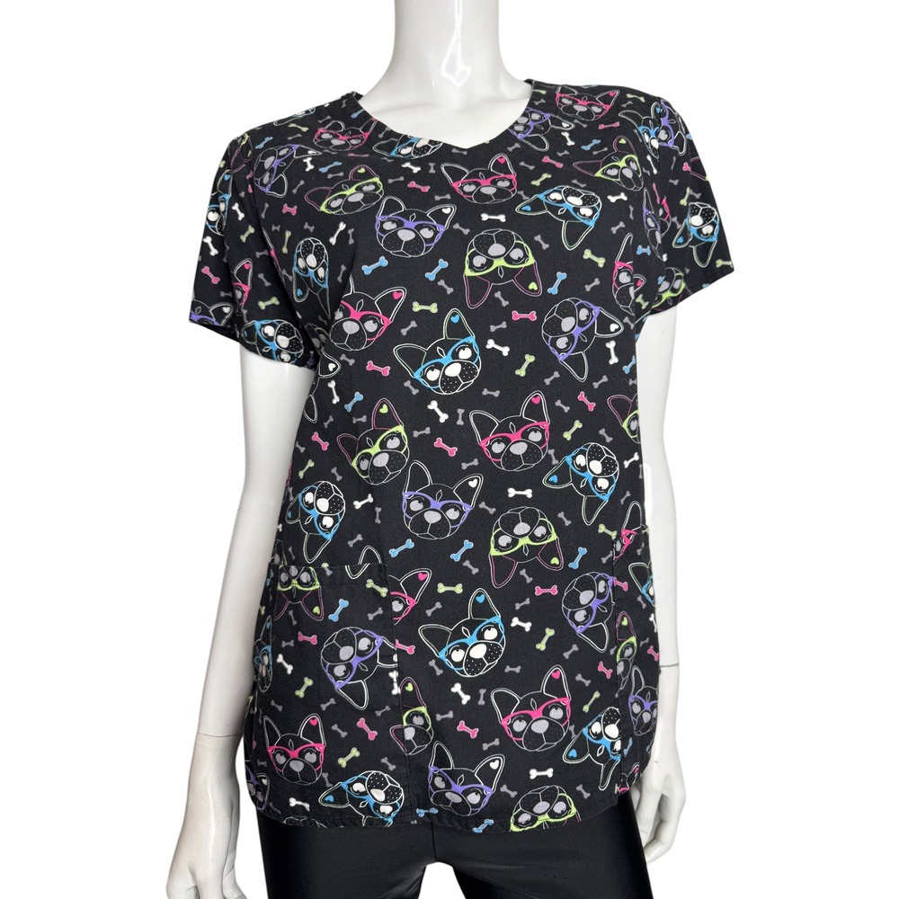Zoe + Chloe Womens Black French Bulldog Glasses Print V-Neck Scrub Top Small